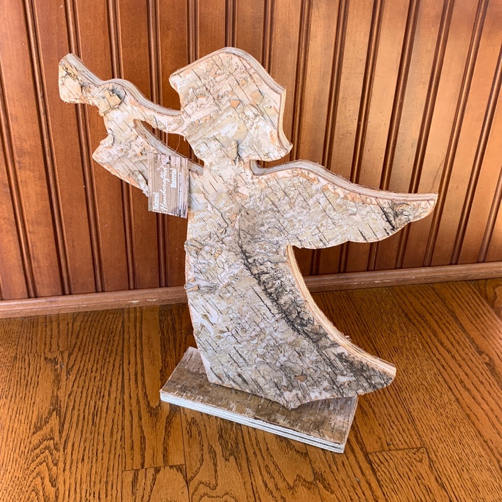 Nwt natural wood angel blowing trumpet wooden statue - Picture 1 of 5